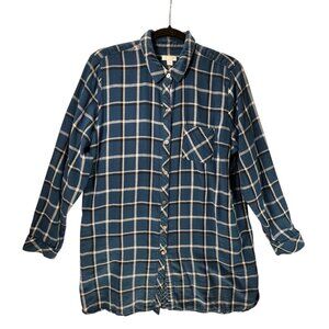 J Jill Womens Blue Plaid Button Up Tunic Shirt L Flannel Cotton Long Sleeve